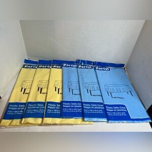 BUNDLE (6) RECTANGLE PARTY PLASTIC TABLE CLOTHS/COVERS (BLUE/YELLOW)
(SEALED)
